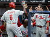 Ryan Howard (6) is congratulated after hitting a two-run home run during the ninth inning of a baseball game against the Milwaukee Brewers Thursday, July 10, 2014, in Milwaukee. (Morry Gash/AP) 